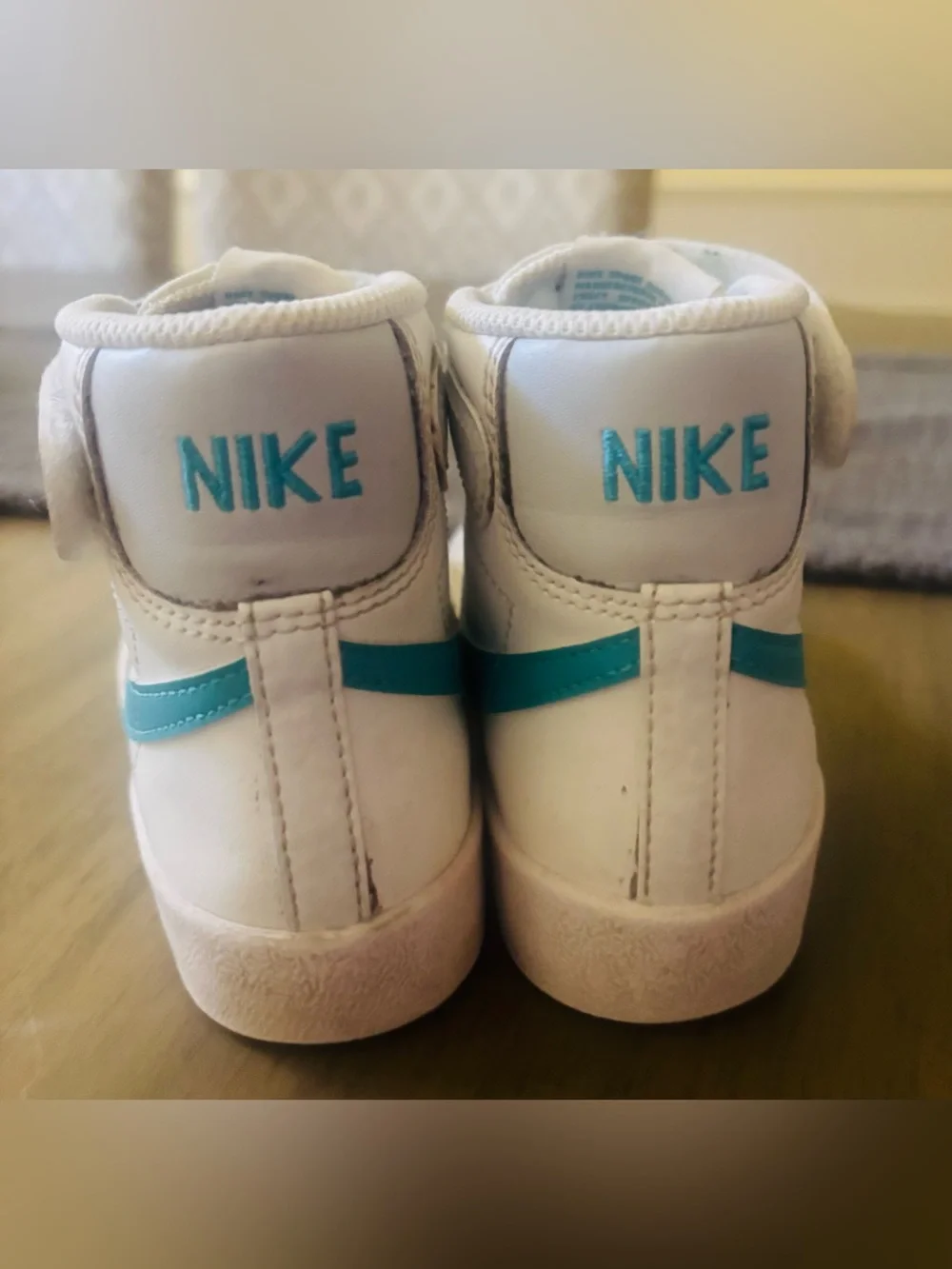 Nike Kids White High-Top Sneakers with Teal Swoosh